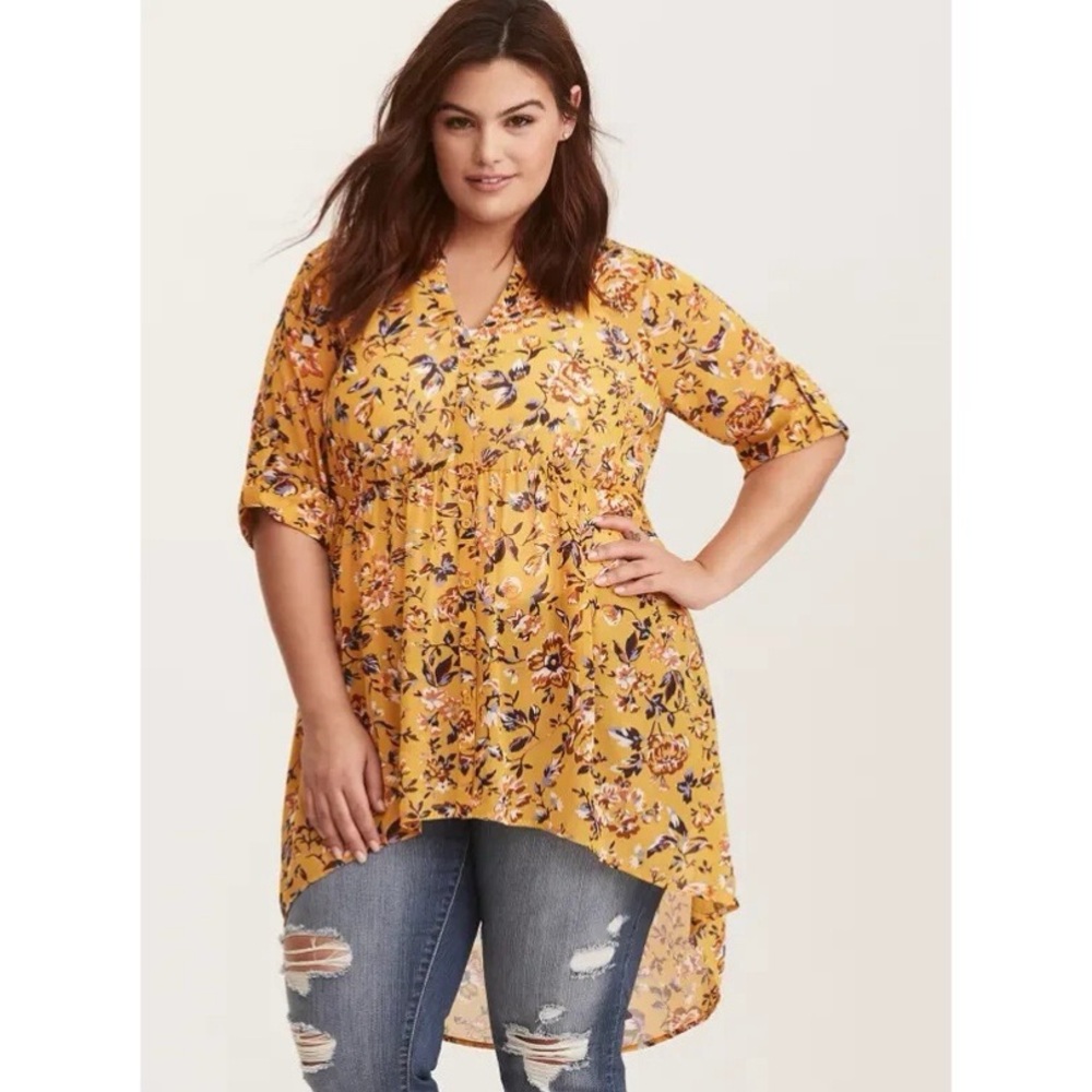 TORRID NWT Mustard Yellow Floral Chiffon Hi-Lo Button Down Top 0 (L/12)
